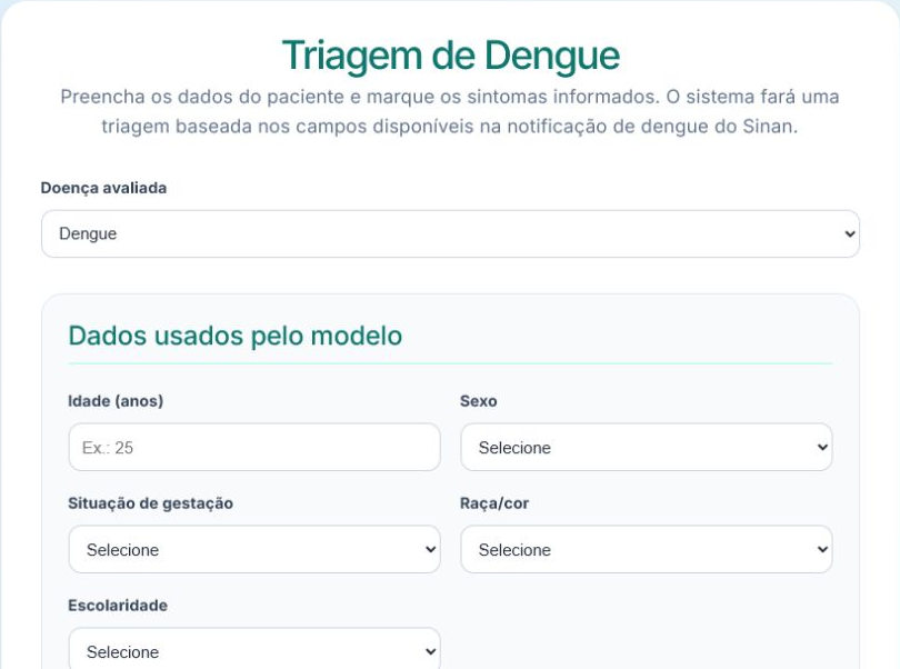 Página de triagem da aplicação, com seleção da doença e campos de idade, sexo, gestação, raça, escolaridade e demais informações da notificação