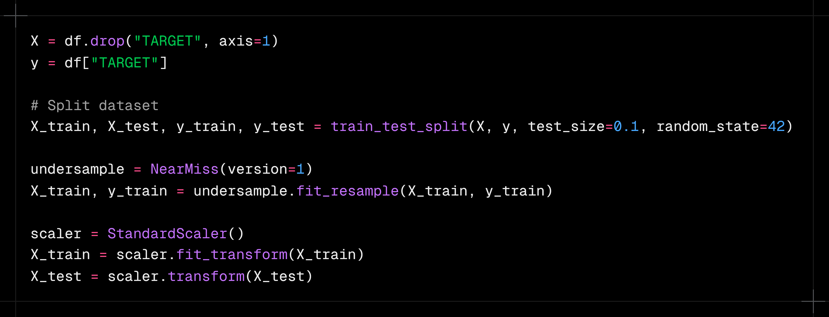 Código Python de separação dos dados, aplicação de NearMiss e padronização