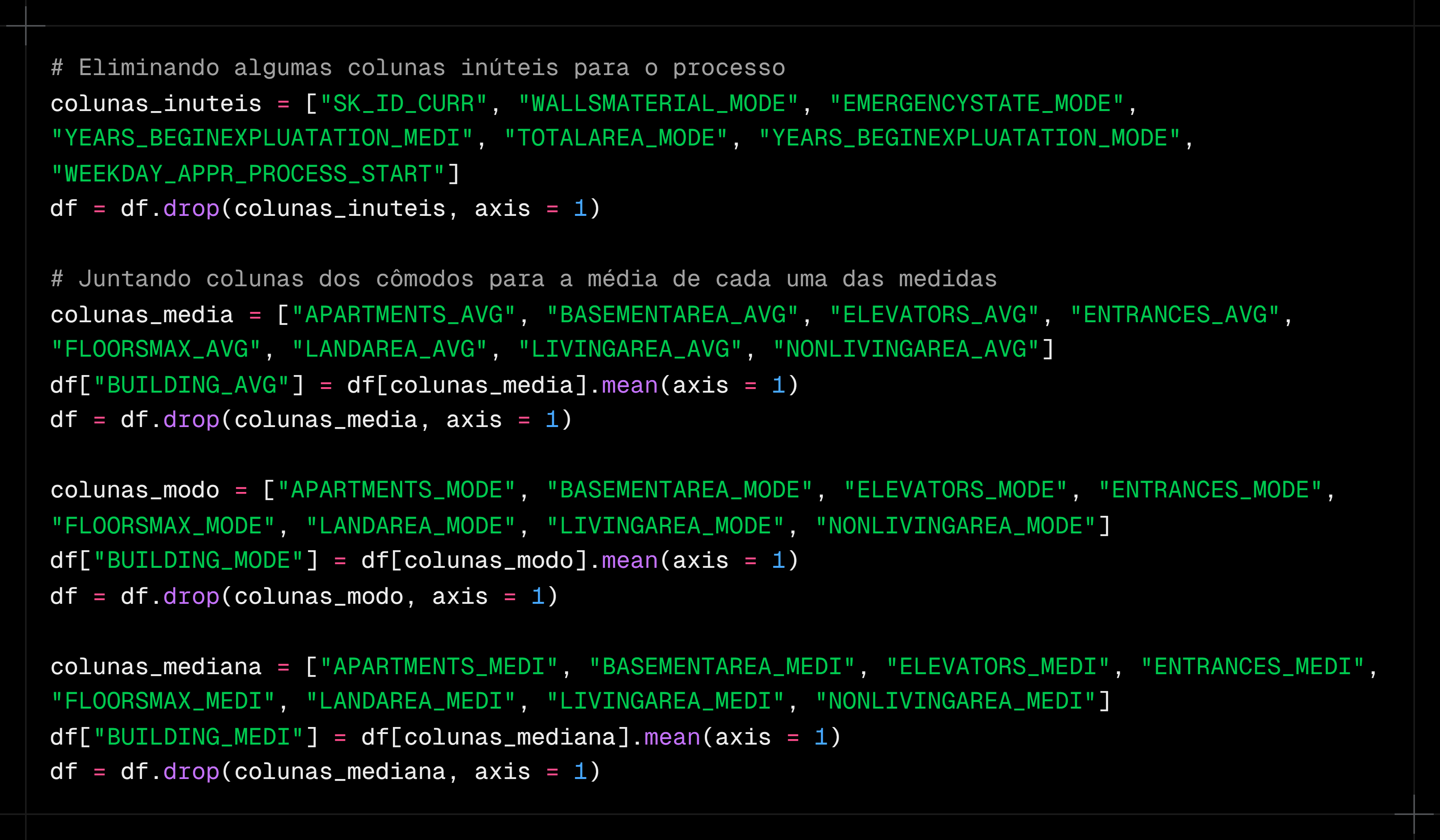 Código Python de remoção e agregação de colunas