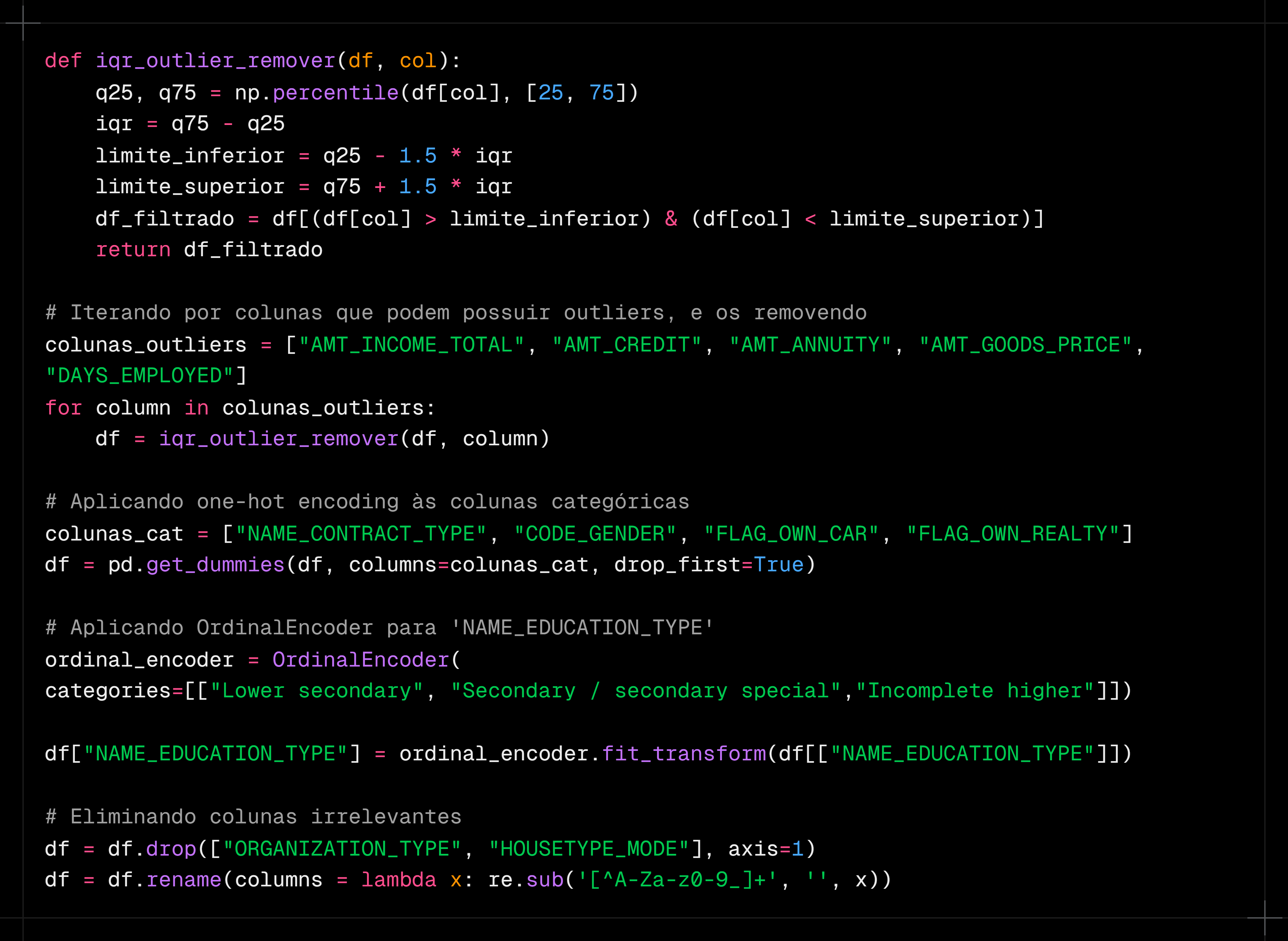 Código Python para remoção de outliers e codificação de variáveis categóricas