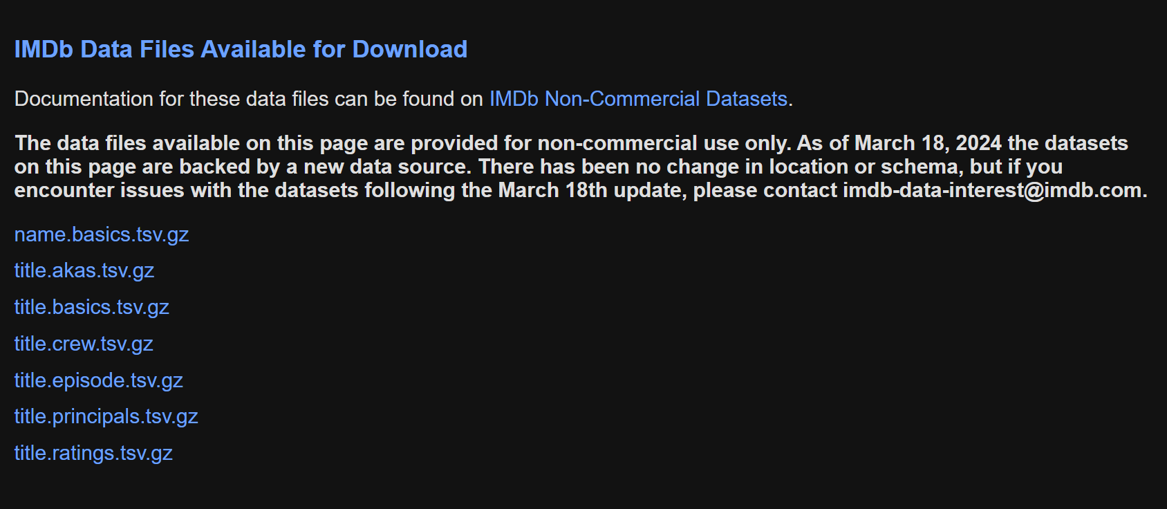 Lista de arquivos de dados disponíveis para download no IMDb