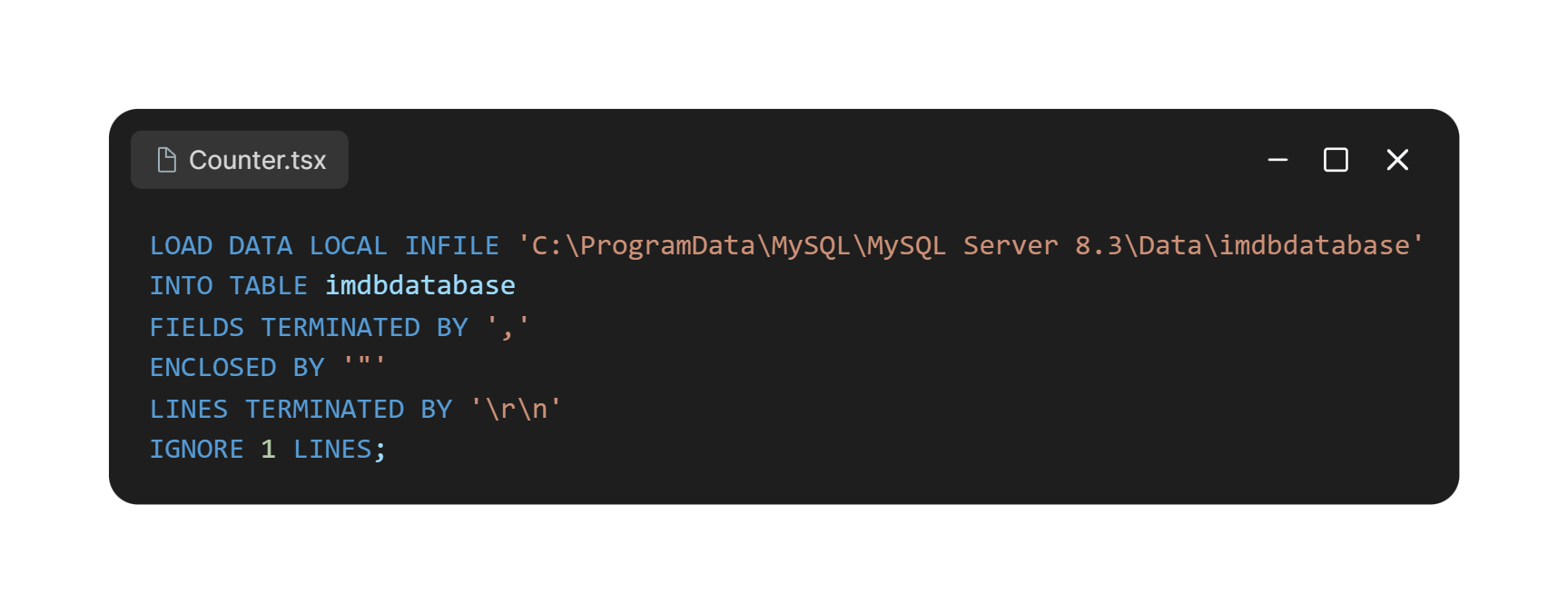 Comando LOAD DATA LOCAL INFILE usado para carregar os dados no MySQL