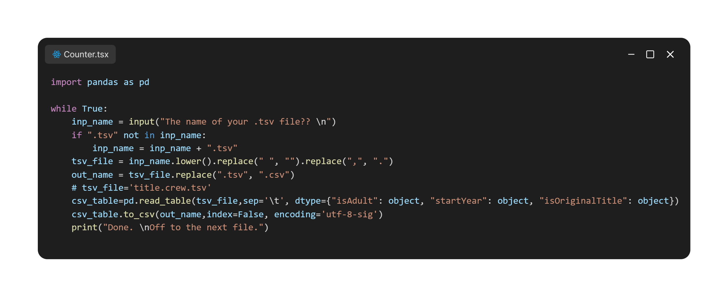Script Python usado para converter arquivos TSV em CSV