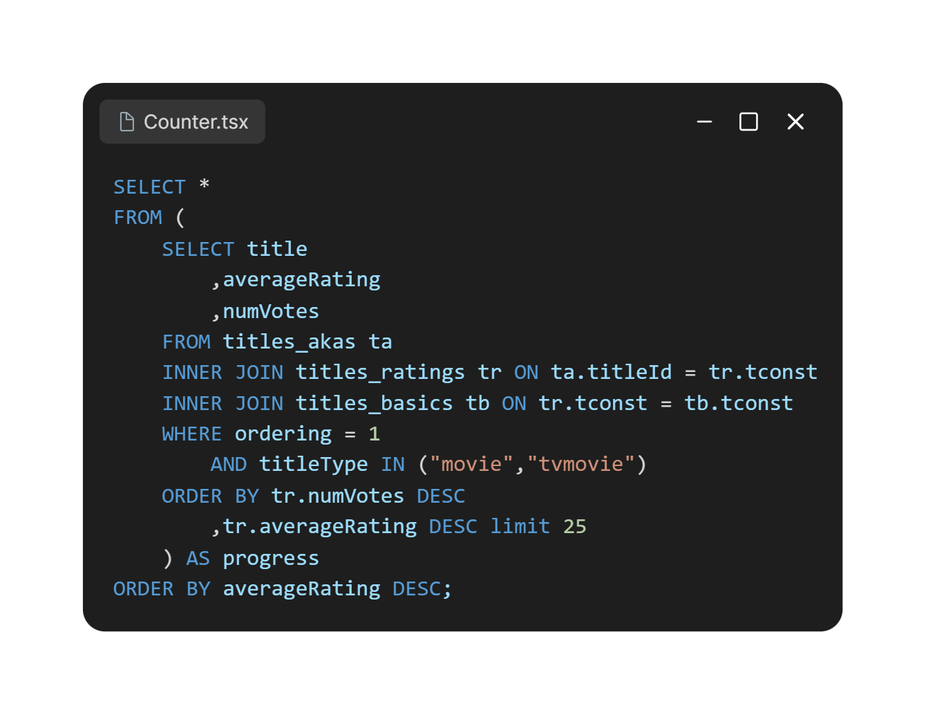 Consulta SQL usada para selecionar os 25 filmes mais bem avaliados