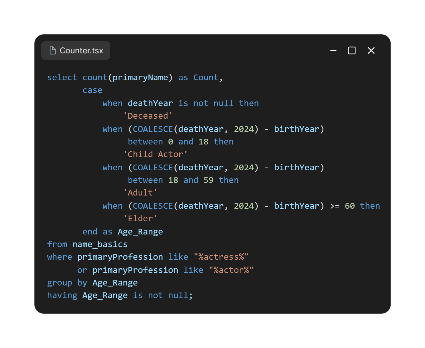 Consulta SQL usada para calcular as faixas etárias