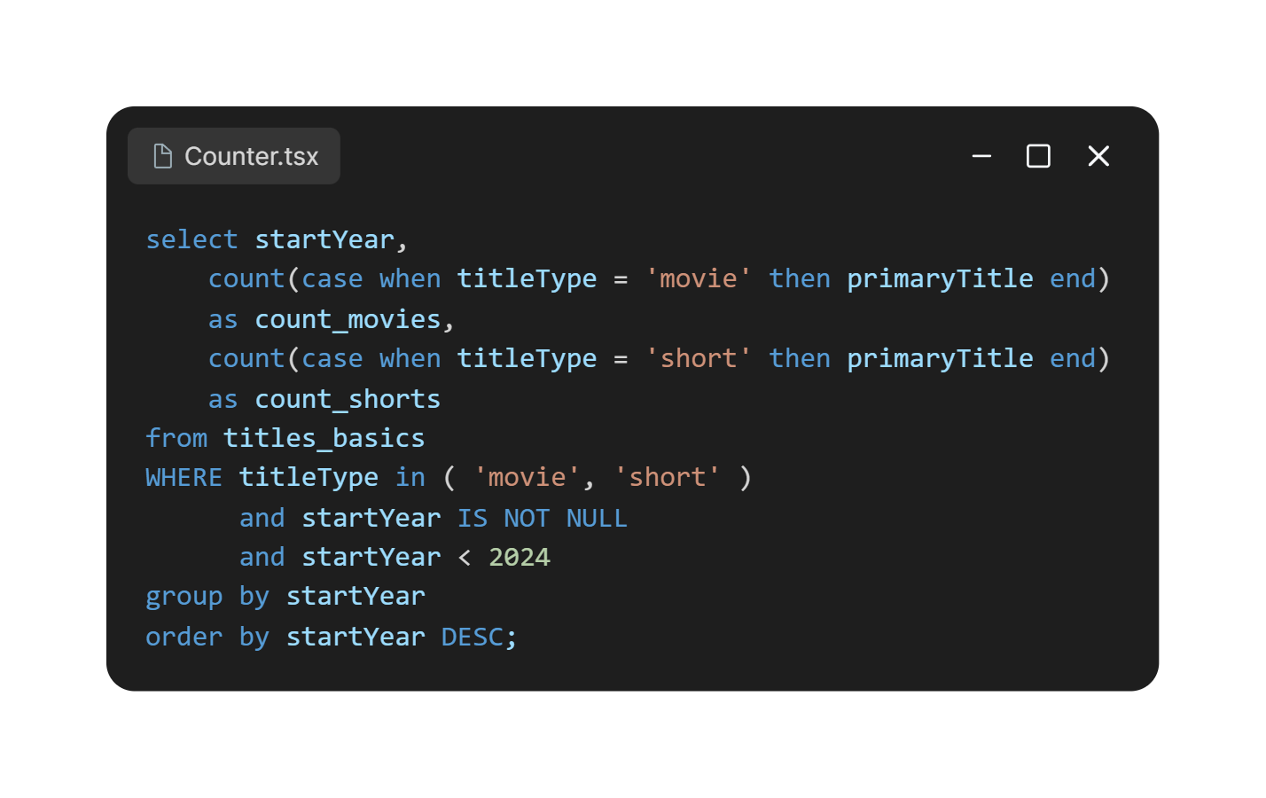 Consulta SQL usada para comparar curtas e longas-metragens
