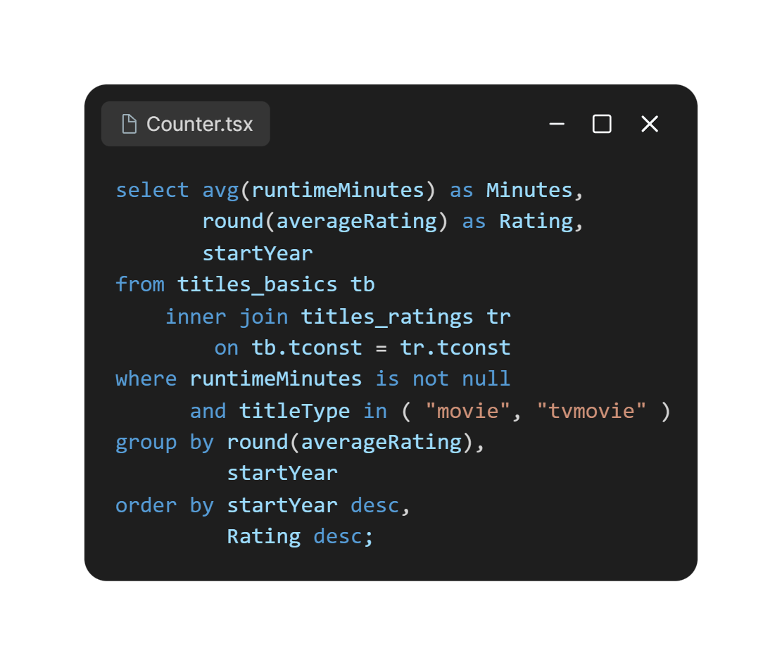Consulta SQL usada para relacionar duração e avaliação ao longo do tempo