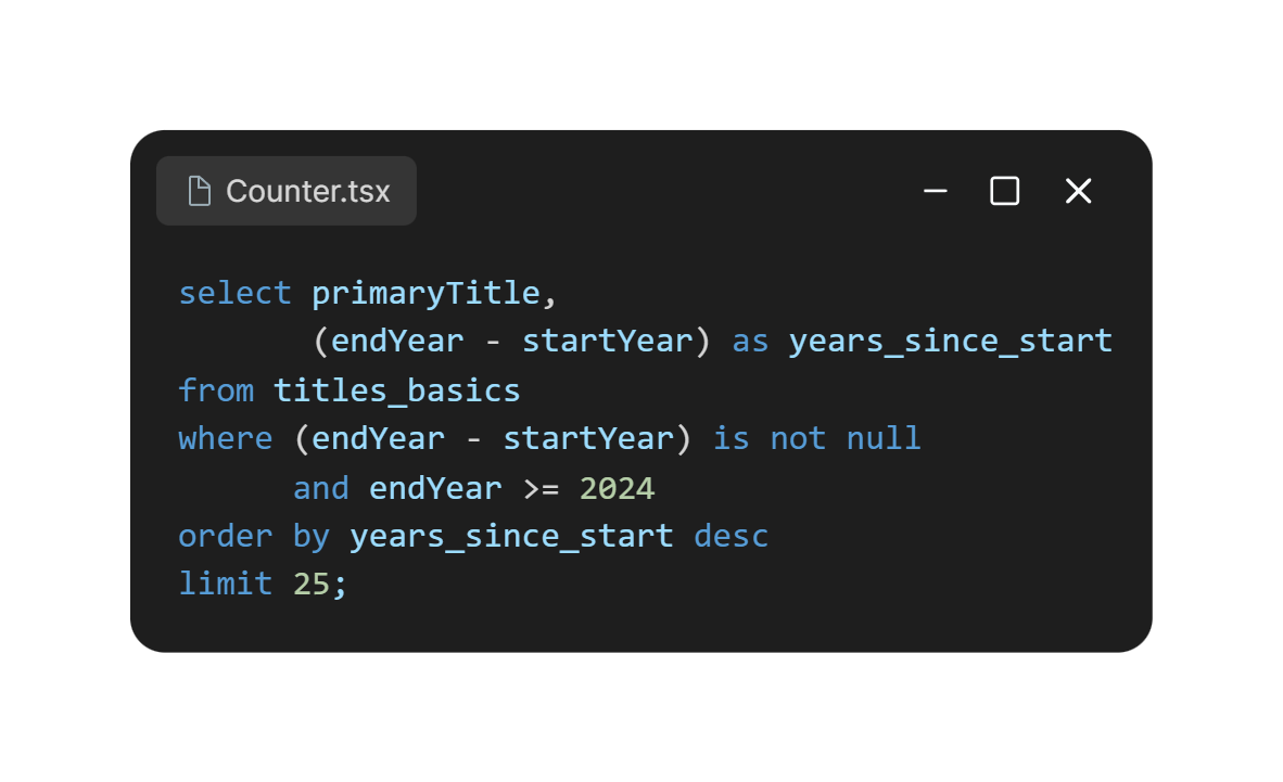 Consulta SQL usada para listar séries antigas ainda em andamento