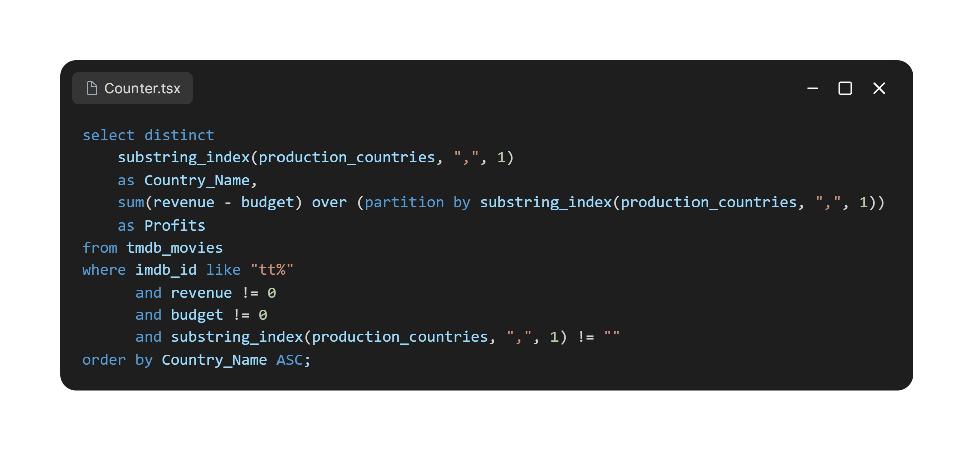 Consulta SQL usada para calcular o lucro por região